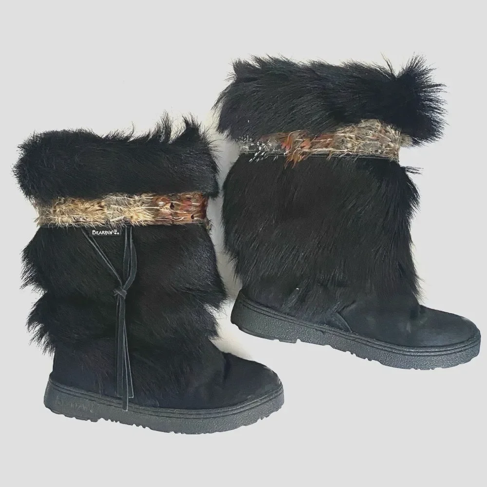 BearPaw Black Cow Hair Goat Fur Winter Boots Sz 7 Brown Bird Feathers & Fringe